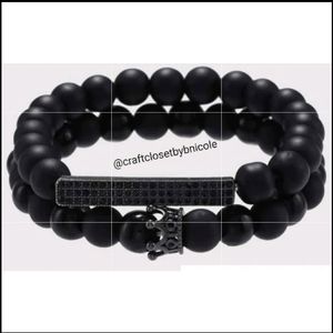 ~Men 2pc Black Stone Beaded Bracelets~